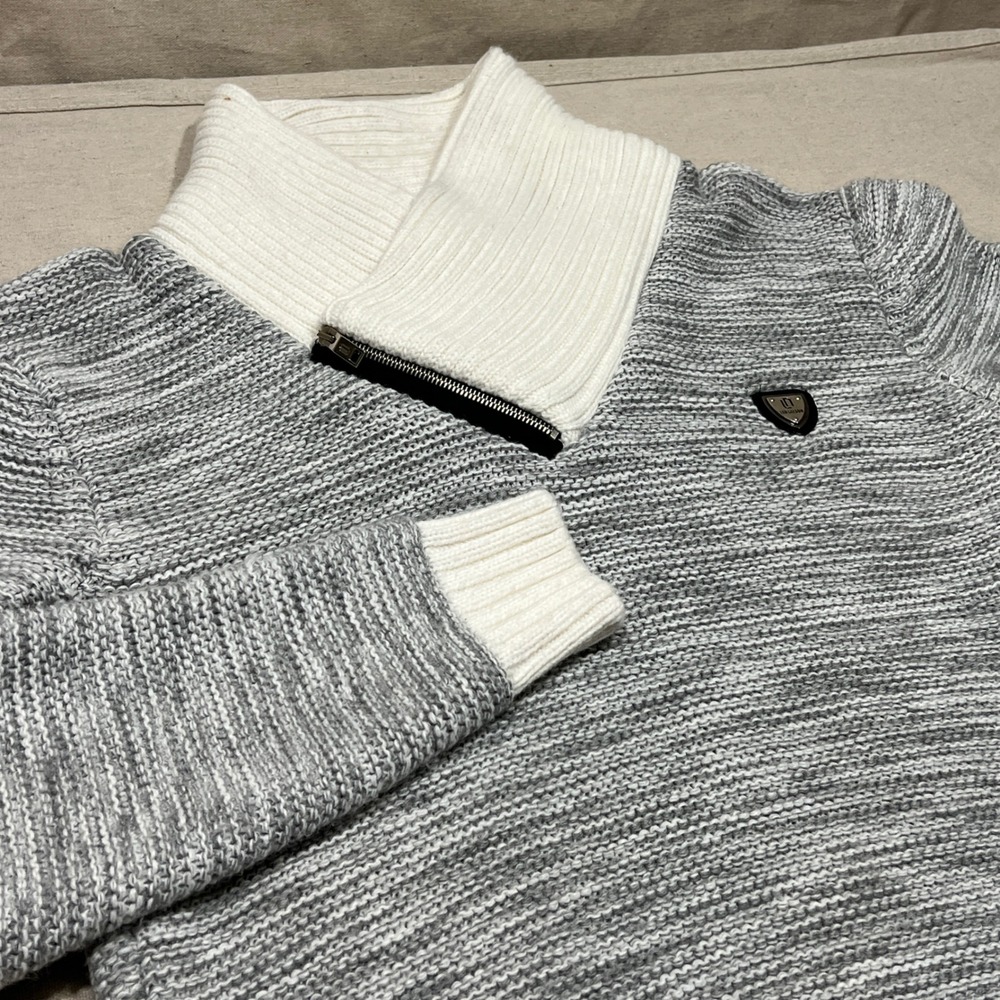 LEIF NELSON Men's Gray‎ White Marl Knit Sweater Zipper Collar Size XXL